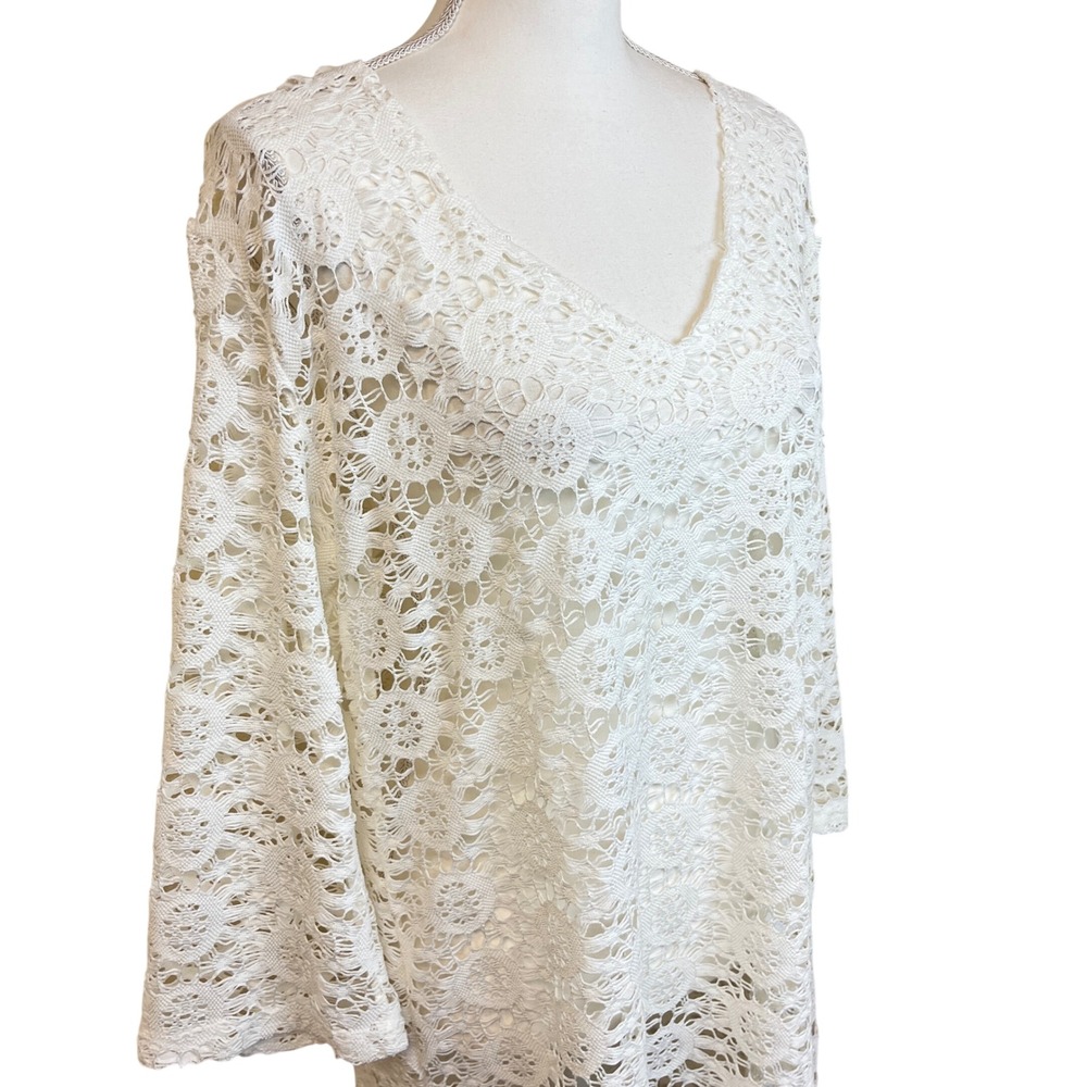 J VALDI Sheer White Lace V Neck 3/4 Sleeve Tunic Cover Up Dress L Swim‎ Vacation - Picture 7 of 12